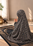 Aynn Alif Black Kids Namaz Chaadar in soft lawn fabric with elastic sleeves and under-chin fit, designed for comfortable Salah ages 5–9.