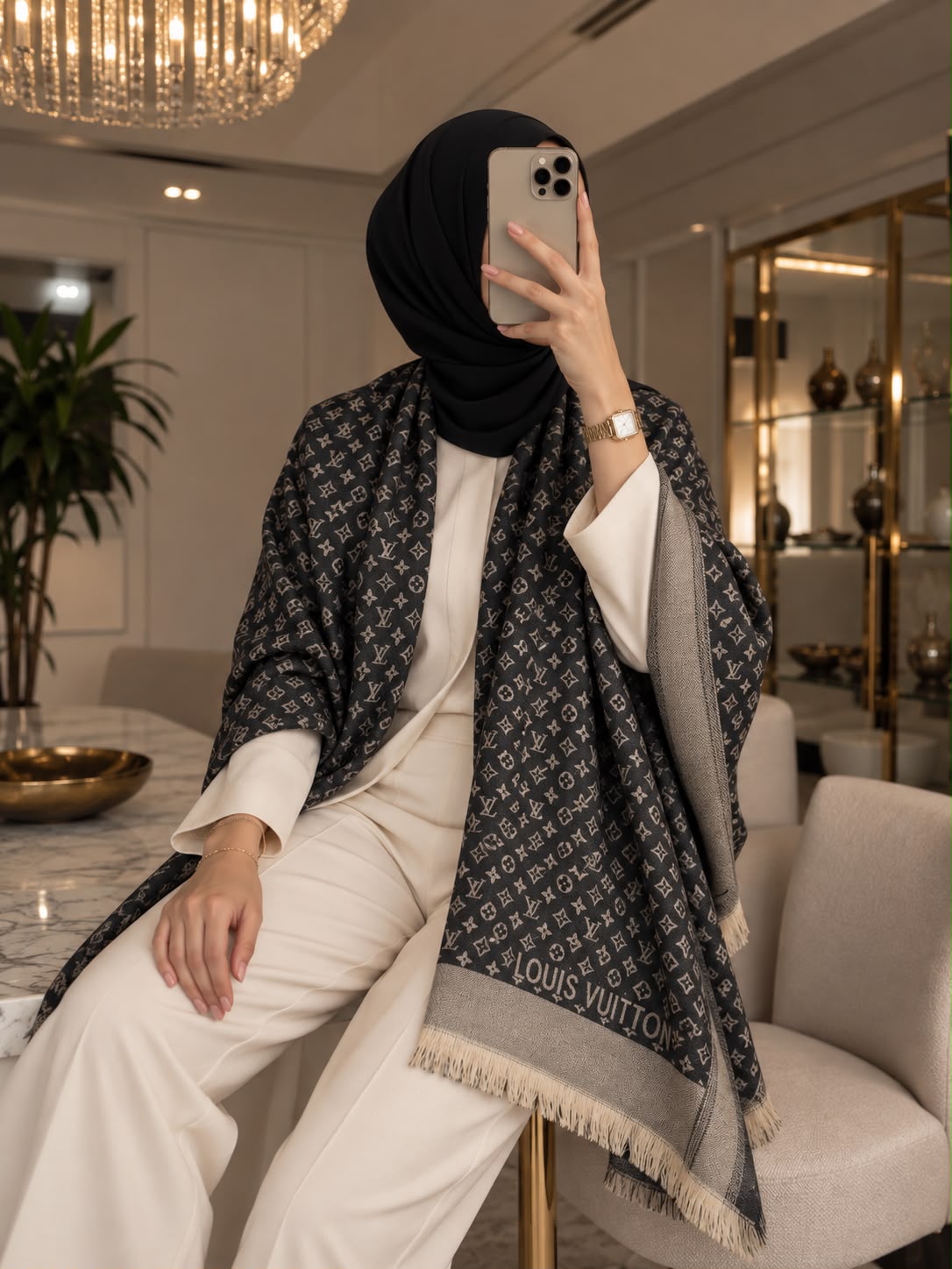 black monogram-inspired pashmina wrap with beige detailing, textured border and fringed edges for elegant winter styling.