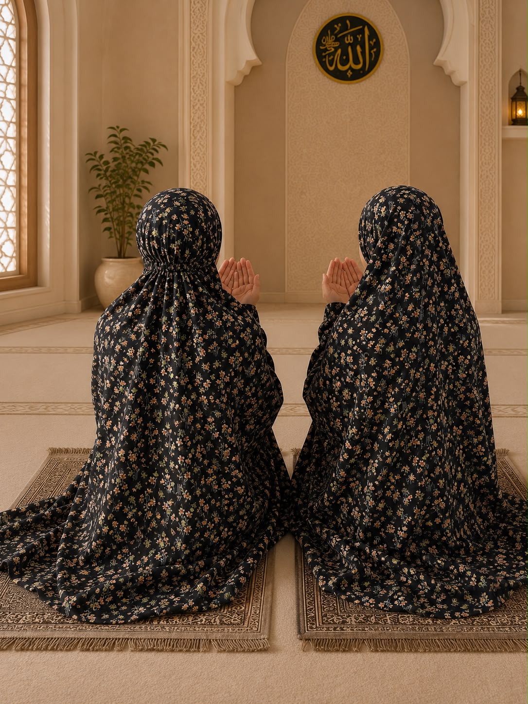 Black Mother & Daughter Matching Namaz Chaadar Set in black floral lawn fabric with adjustable fit and wudu-friendly elastic sleeves.