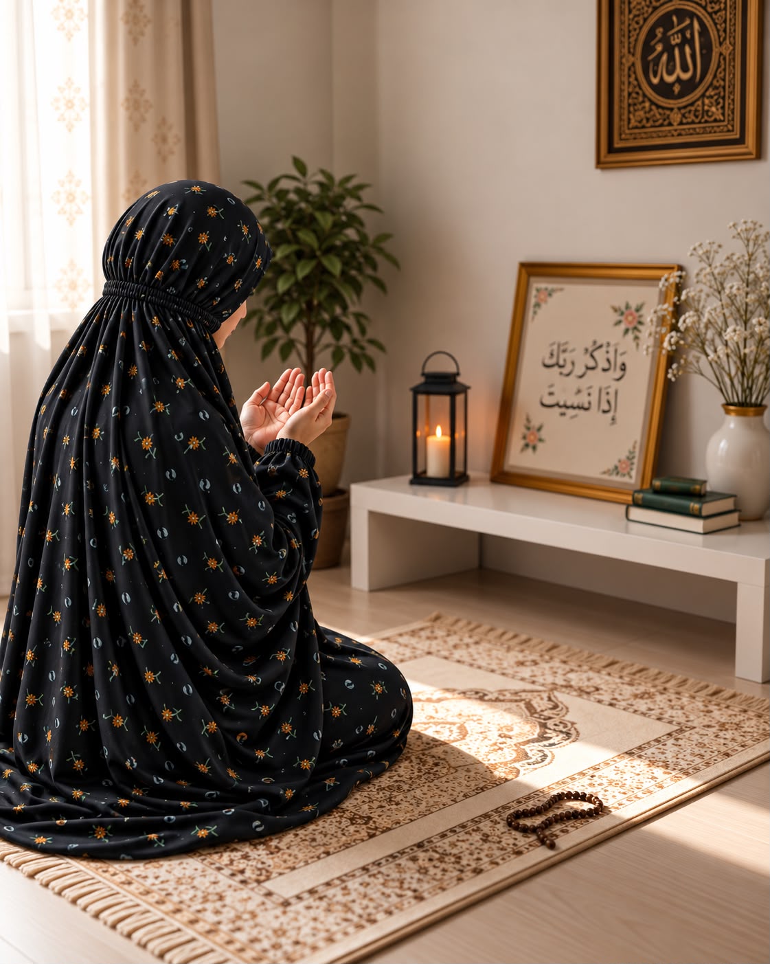Black namaz chaadar by Aynn Alif featuring tiny mustard-yellow flowers and subtle blue-grey motifs, styled on a prayer mat.