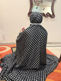 Black namaz chaadar with white rings by Aynn Alif Pakistan featuring elastic sleeves, elastic headband, wudu-friendly design, and full coverage prayer wear for women.