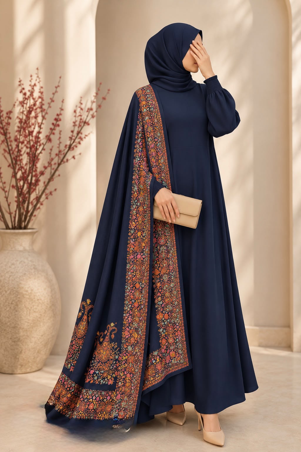 Block printed pashmina shawl with hand embroidery and a four-sided printed border by AYNN ALIF, elegant winter shawl for women.