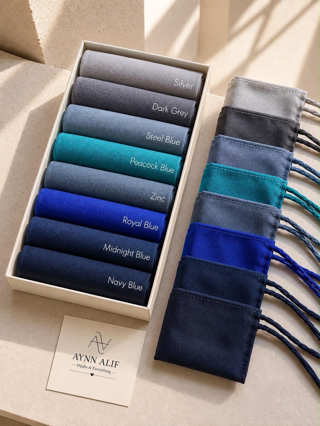 Crinkle silk hijab and matching niqab sets in Silver, Dark Grey, Steel Blue, Peacock Blue, Zinc, Royal Blue, Midnight Blue and Navy Blue