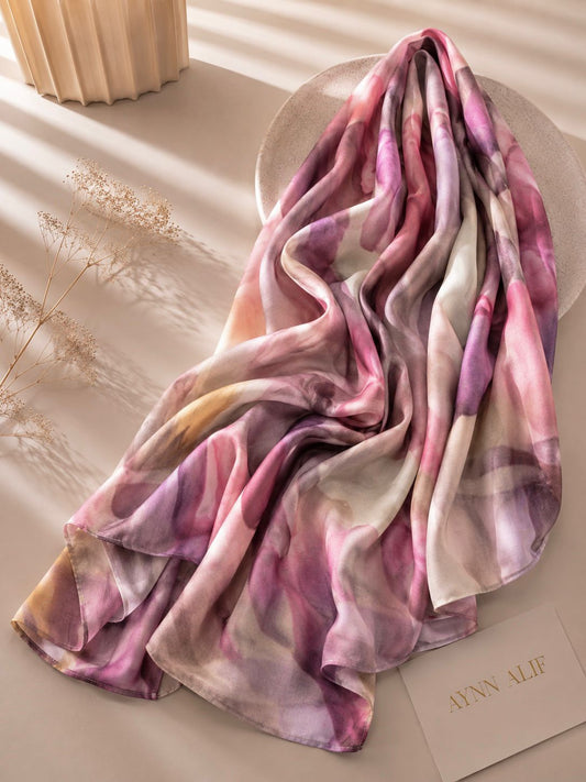 Blush pink and mauve abstract printed modal lawn hijab with cream and taupe tones, extra-large breathable scarf featuring a soft flowing drape.