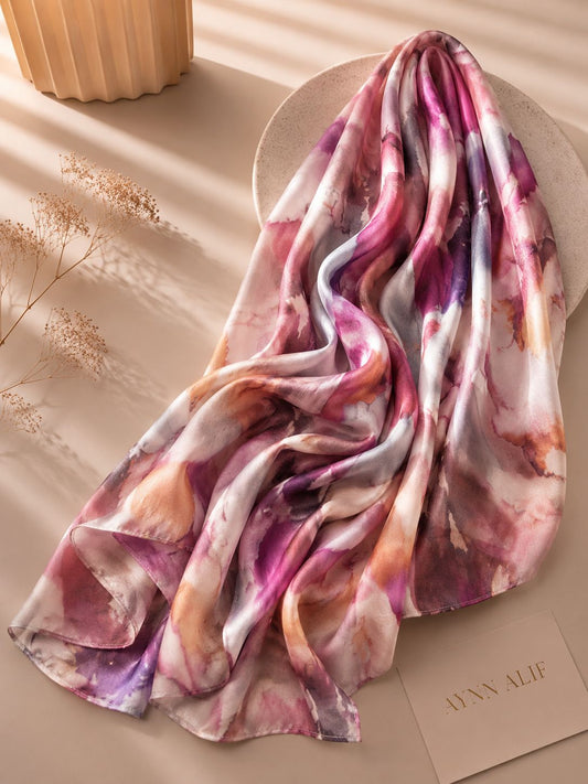 Blush Aurora printed hijab in blush pink, mauve, plum and beige watercolor abstract pattern with soft flowing drape