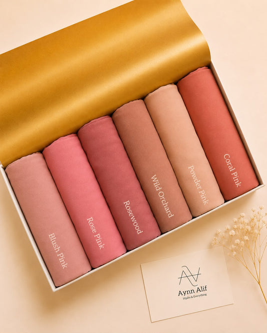
Blush Bloom Chiffon Georgette Hijab Collection by Aynn Alif featuring Blush Pink, Rose Pink, Rosewood, Wild Orchard, Powder Pink and Coral Pink hijabs.