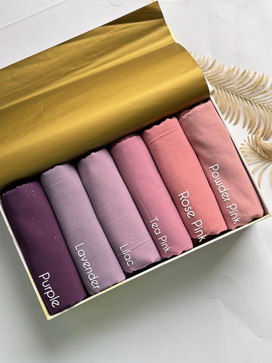 Aynn Alif glitter chiffon georgette hijab collection featuring Purple, Lavender, Lilac, Tea Pink, Rose Pink, and Powder Pink shades in Pakistan.