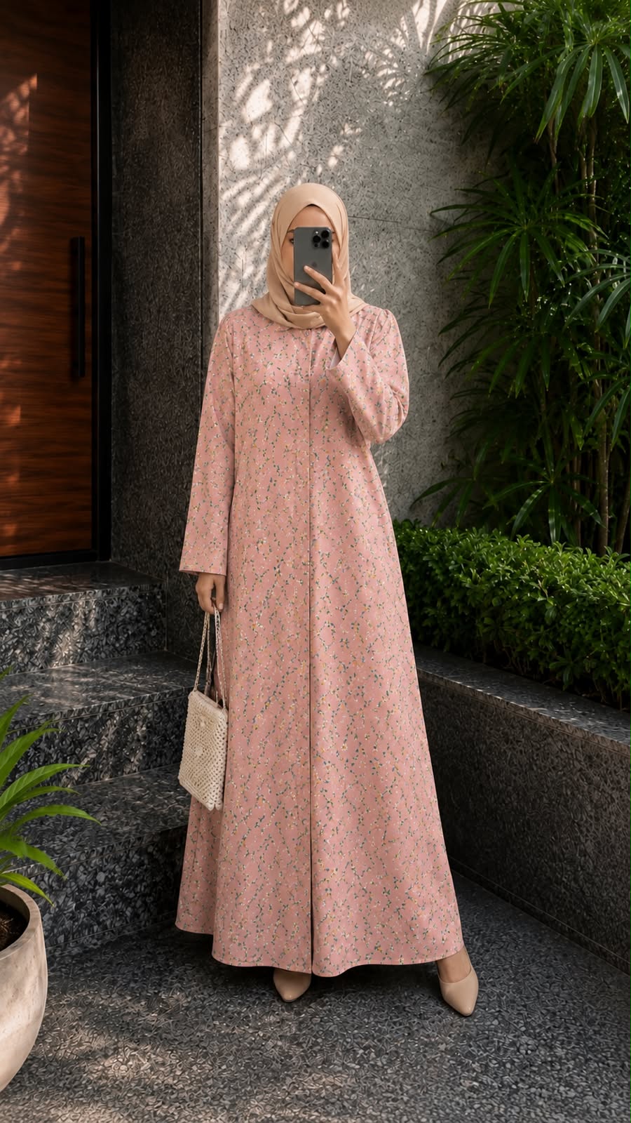 Blush pink floral printed front open abaya in Korean Nidah with straight sleeves and matching scarf, styled in an elegant outdoor setting.