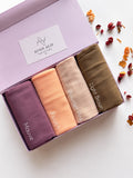 Aynn Alif Blush Harmony Plain Lawn Hijab Box featuring Mauve, Peach, Powder Pink and Light Brown premium breathable lawn hijabs in elegant gift box packaging.