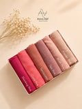 Blush Harmony Turkish lawn hijabs in standard size featuring shocking pink, coral pink, terracotta, tea pink, blush pink and powder pink shades in breathable lightweight fabric.