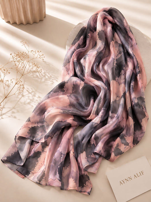 Aynn Alif printed modal lawn hijab in light coral pink, mauve and graphite black abstract watercolor print, extra-large breathable scarf.