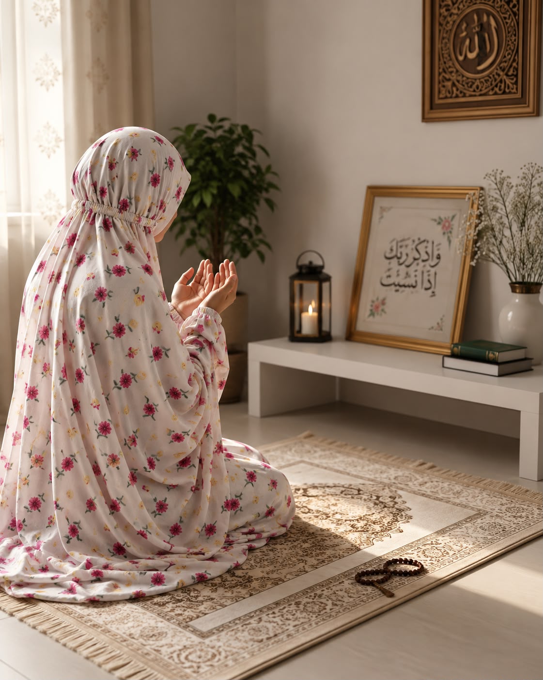 Aynn Alif blush ivory namaz chaadar featuring delicate pink, magenta and yellow floral prints, styled for prayer on a patterned prayer mat.