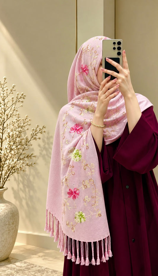 Blush pink cashmere embroidered hijab featuring colourful floral motifs, delicate sequin embellishments, and matching pink fringed edges by Aynn Alif.