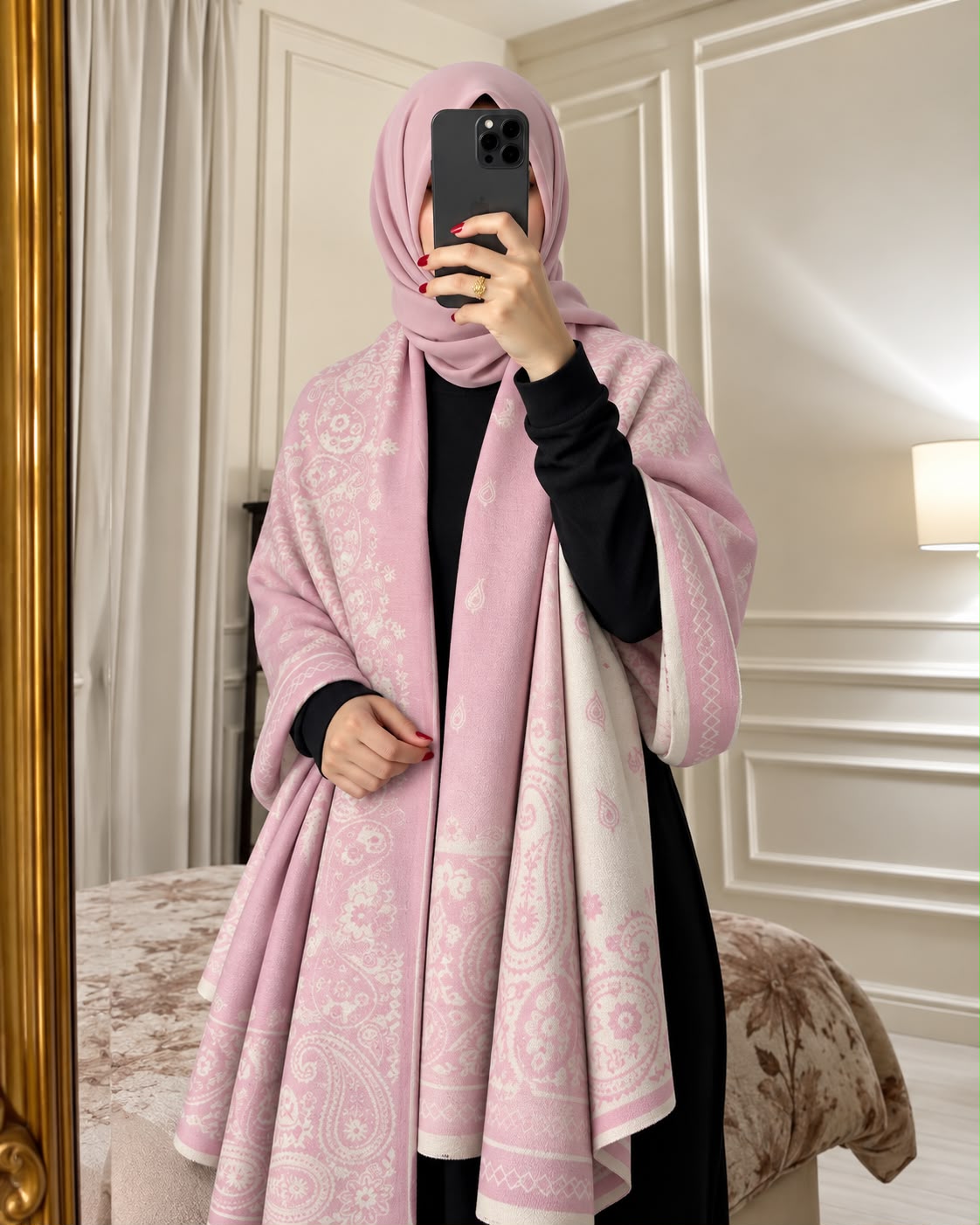 Blush pink and ivory paisley reversible woolen wrap styled over a black modest outfit