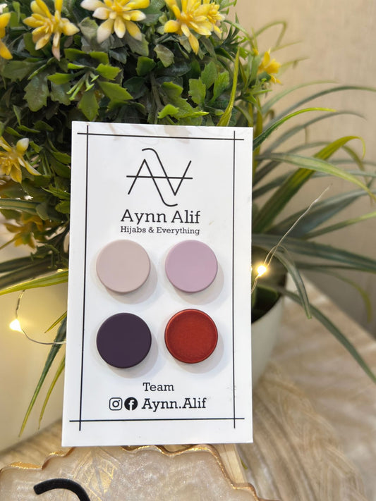 Blush tone matte flat hijab magnets in powder pink, tea pink, purple and red colours by Aynn Alif for elegant hijab styling in Pakistan