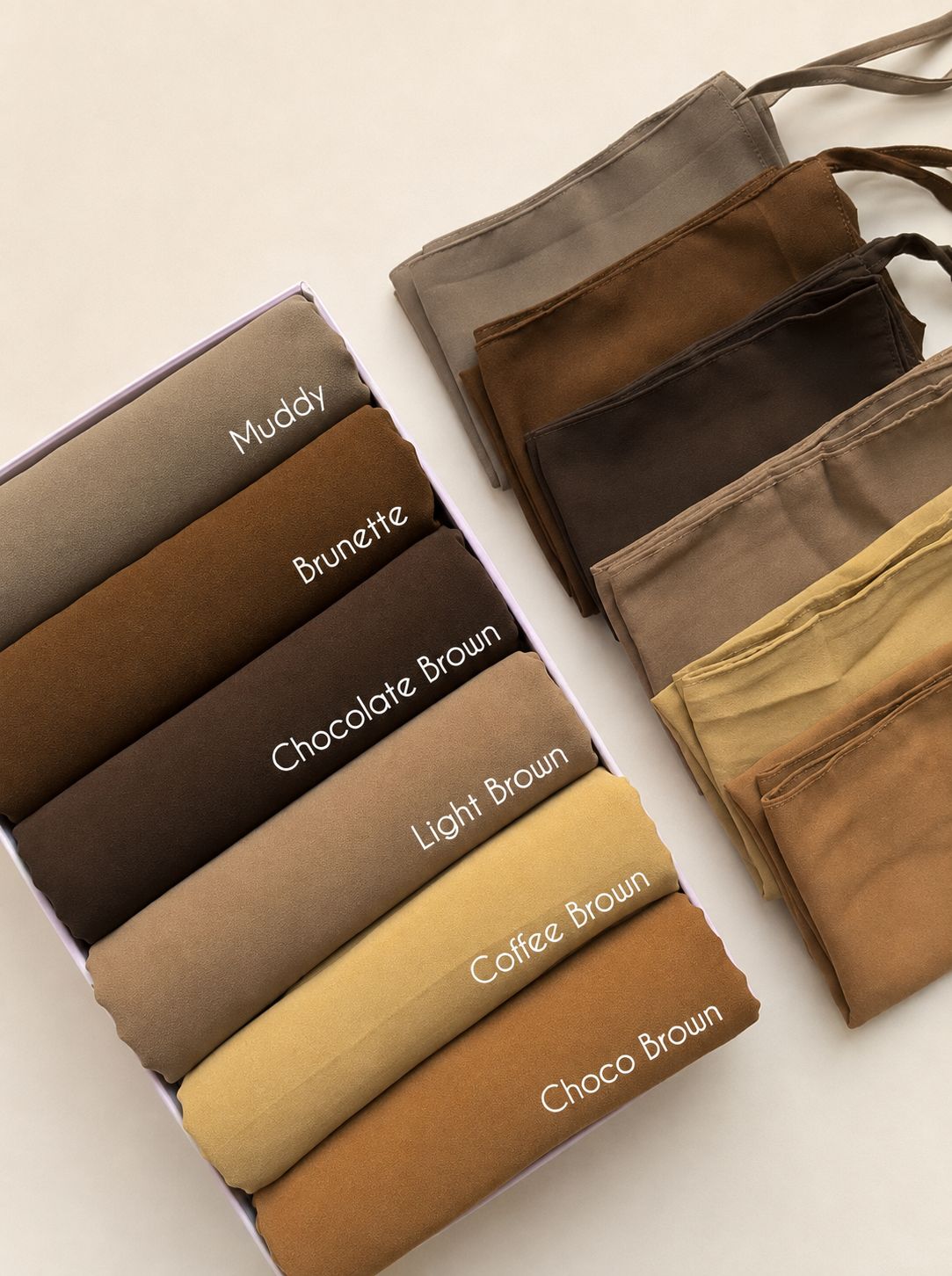 Chiffon georgette hijab niqab sets in Muddy, Brunette, Chocolate Brown, Light Brown, Coffee Brown and Choco Brown