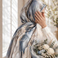 Aynn Alif Celestial Marble printed sheen silk hijab in icy blue, navy, ivory and gold marble print