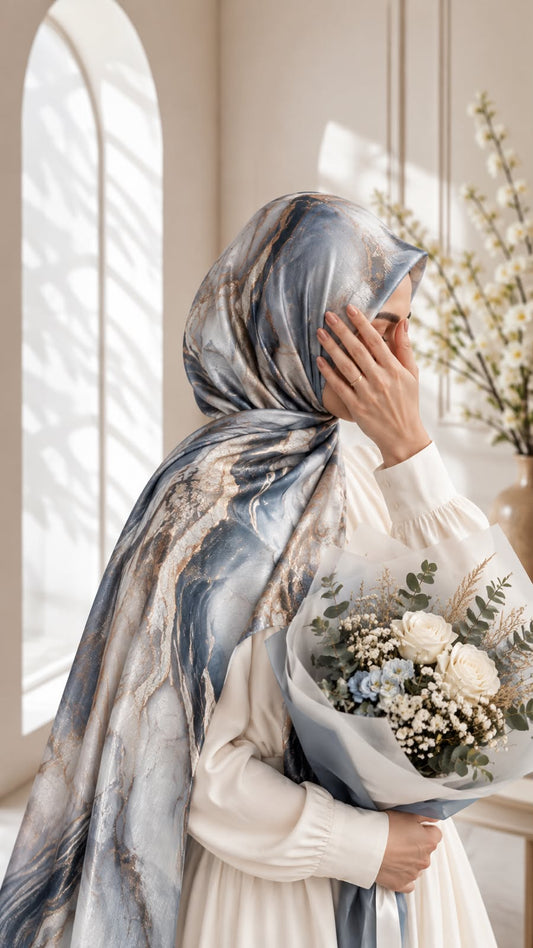 Aynn Alif Celestial Marble printed sheen silk hijab in icy blue, navy, ivory and gold marble print