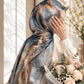 Aynn Alif Champagne Marble printed sheen silk hijab in slate blue, icy grey and charcoal with champagne gold detailing