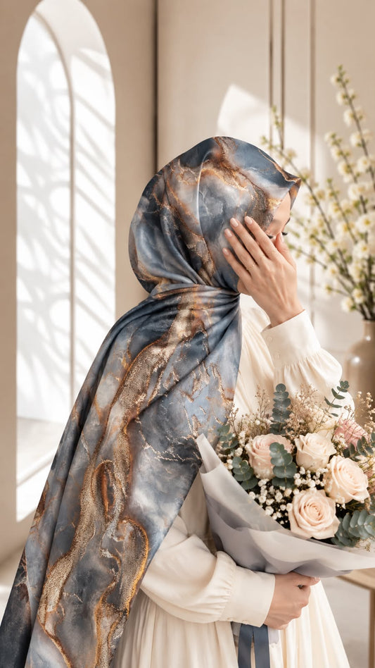 Aynn Alif Champagne Marble printed sheen silk hijab in slate blue, icy grey and charcoal with champagne gold detailing