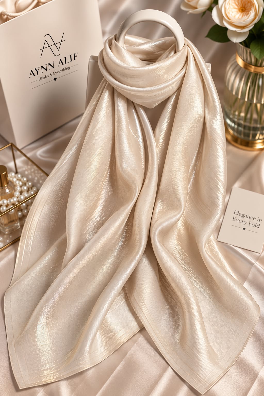 Champagne Pearl double tone sheen silk scarf with a soft pearlescent finish, smooth texture and elegant flowy drape by Aynn Alif.
