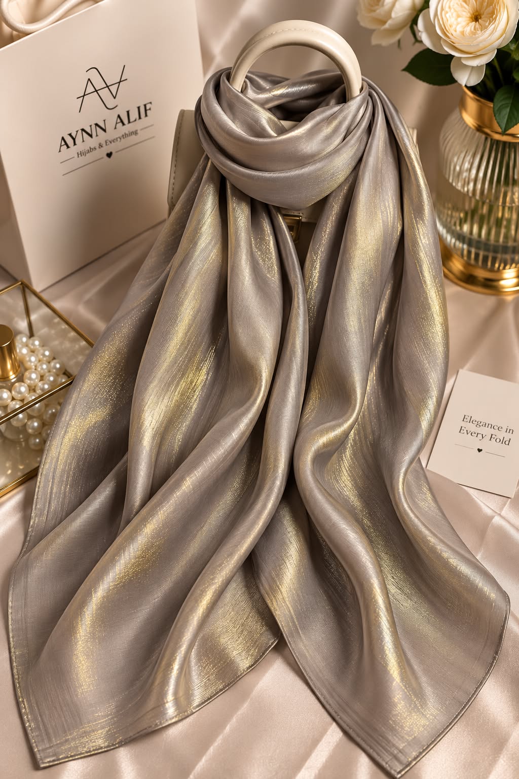 Champagne taupe double tone sheen silk scarf with subtle golden highlights, luminous finish and elegant flowy drape by Aynn Alif.