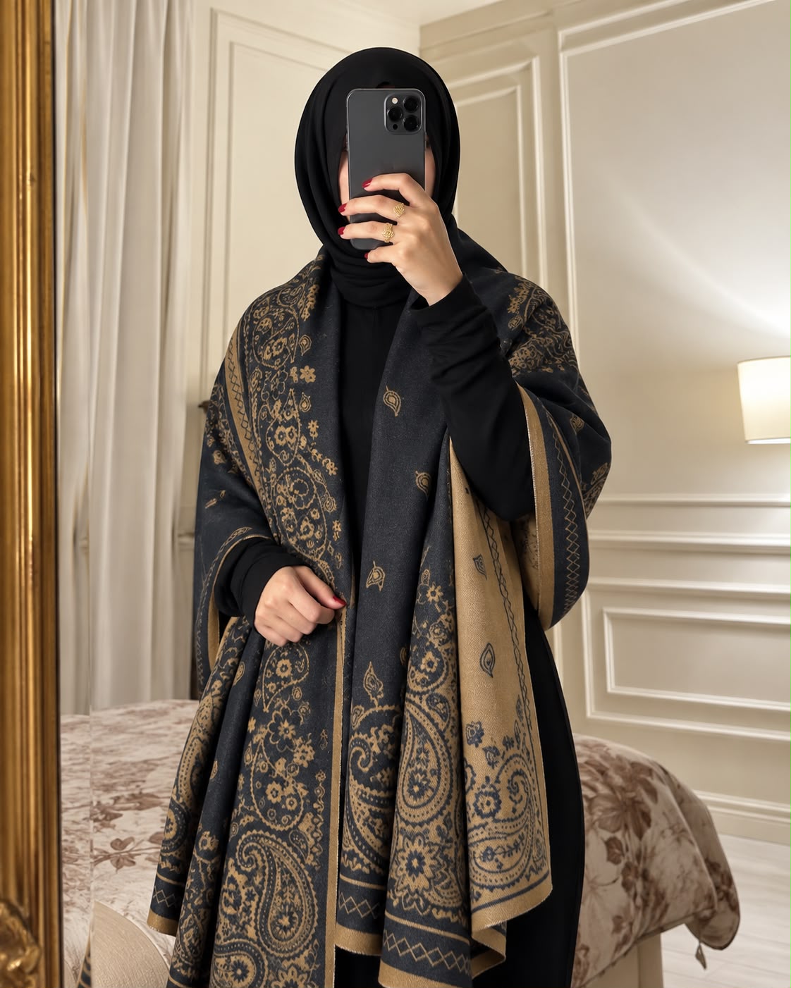 Charcoal black and camel paisley reversible woolen wrap styled over a black modest outfit
