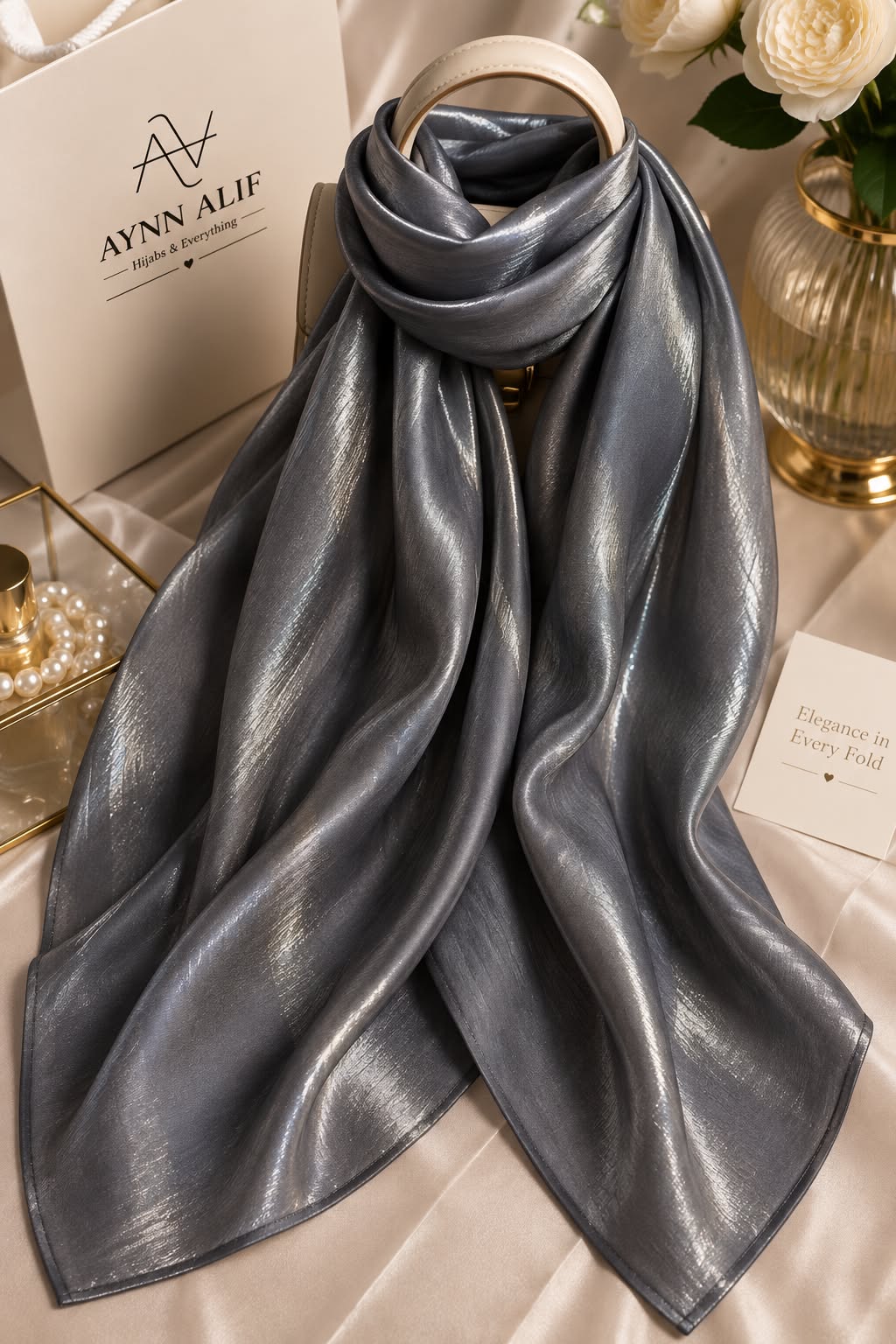 Charcoal grey double tone sheen silk scarf with a luxurious luminous finish, smooth texture and elegant flowy drape by Aynn Alif.