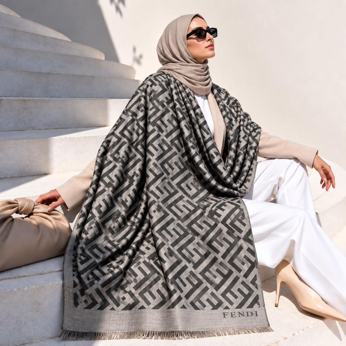 Charcoal grey pashmina wrap with contrasting geometric pattern, coordinating border and fringed edges styled elegantly over a winter outfit.