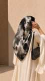 Charcoal black and grey abstract square chiffon georgette hijab with taupe and ivory tones by Aynn Alif Pakistan