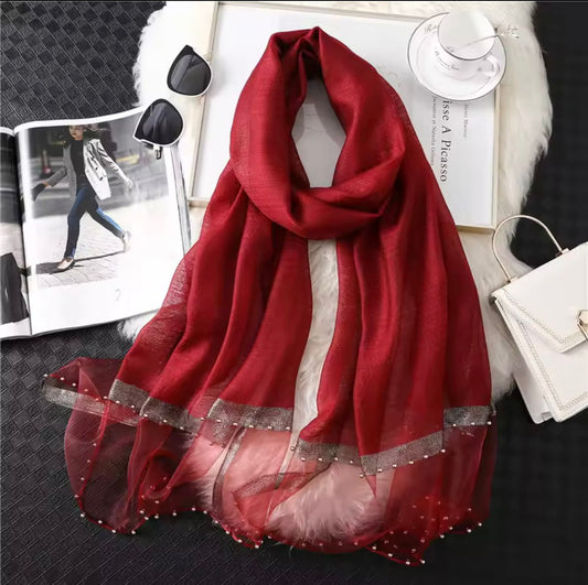 Cherry red khaadi silk hijab with organza border and golden pearl studs