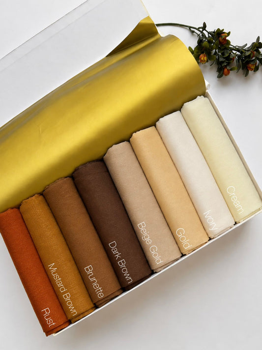 Aynn Alif premium chiffon zari hijab in Rust, Mustard Brown, Brunette, Dark Brown, Beige Gold, Gold, Ivory and Cream – Pakistan