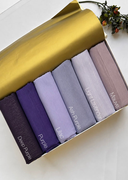 Aynn Alif premium chiffon zari shimmer hijabs in Deep Purple, Purple, Lilac, Ash Purple, Light Lavender and Mauve in Pakistan