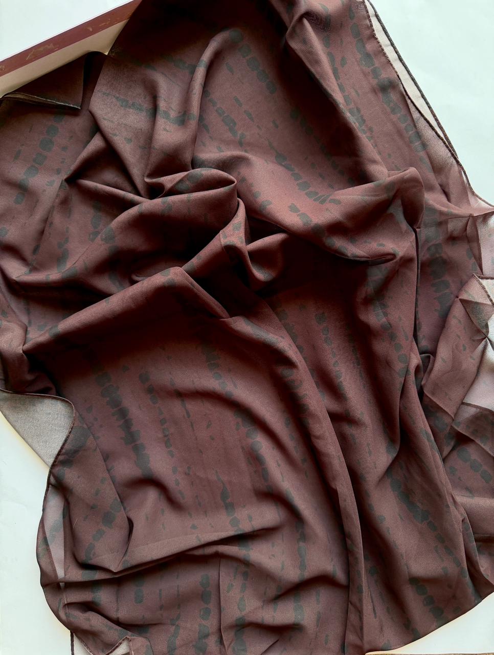 Chocolate brown chiffon georgette hijab with black tie dye design elegant drape