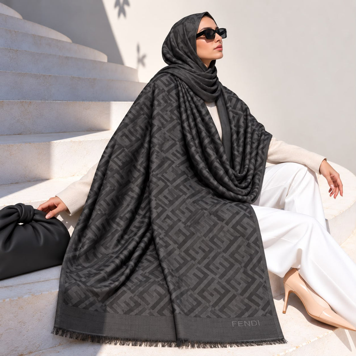 Black pashmina wrap with tonal geometric pattern, coordinating border and fringed edges styled elegantly over a winter outfit.