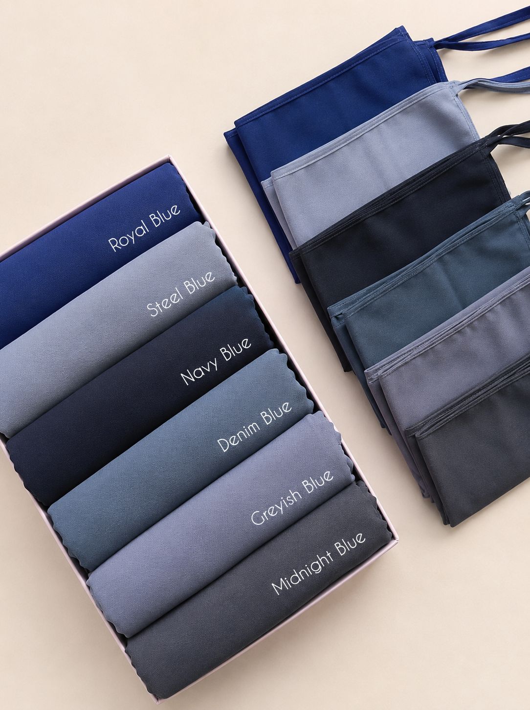 Chiffon georgette hijab niqab sets in Royal Blue, Steel Blue, Navy Blue, Denim Blue, Grayish Blue and Midnight Blue