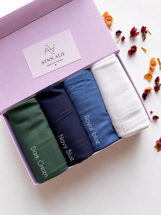 Aynn Alif Classic Contrast Plain Lawn Hijab Box featuring Dark Green, Navy Blue, Royal Blue and Pearl White premium breathable lawn hijabs.