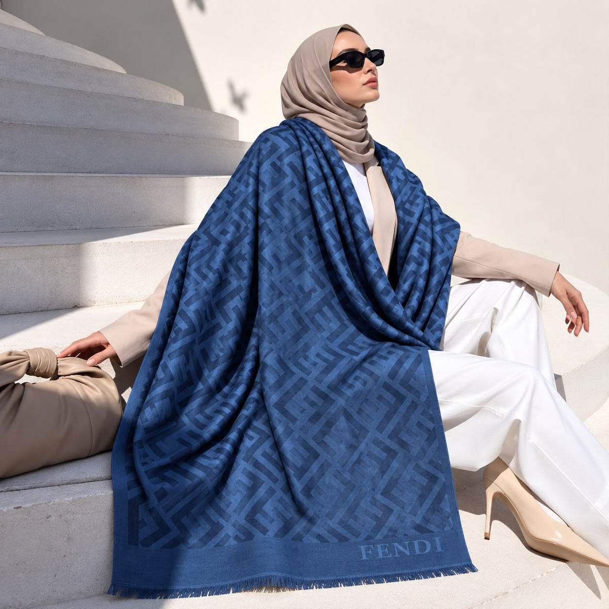 Cobalt blue geometric monogram-inspired pashmina wrap with tonal blue pattern, coordinating border and fringed edges styled for elegant winter layering