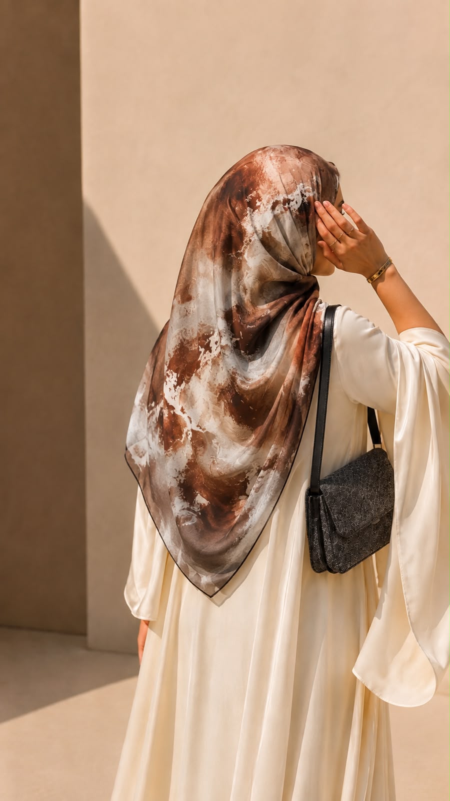 Cocoa brown and copper abstract square chiffon georgette hijab with rust, taupe and ivory tones by Aynn Alif Pakistan