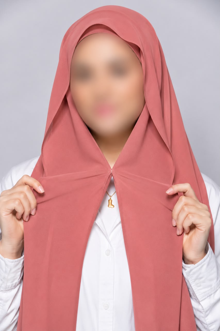 Coral pink instant chiffon georgette hijab with attached tube band and built-in magnet for easy and effortless styling 