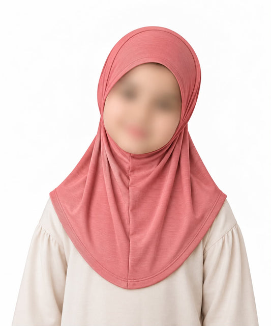 coral pink kids jersey scarf for girls age 5-9 years in Pakistan with breathable jersey fabric and modest half-body coverage.