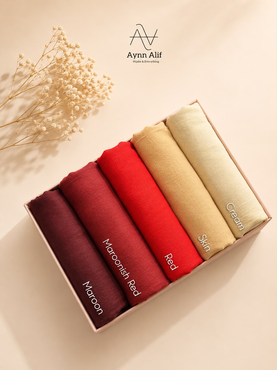 Crimson Elegance Turkish lawn hijabs in standard size featuring maroon, maroonish red, red, skin and cream shades in breathable lightweight fabric.