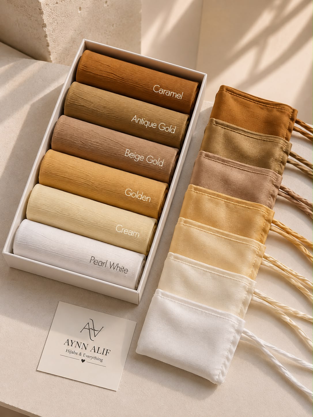 Crinkle silk hijab and niqab sets in Caramel, Antique Gold, Beige Gold, Golden, Cream and Pearl White shades.