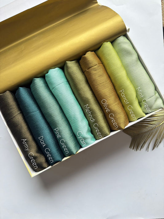 Crinkle Silk Hijab Emerald Garden Collection featuring Army Green, Dark Green, Pine Green, Cyan, Mehndi Green, Olive Green, Parrot Green and Mint Green shades.