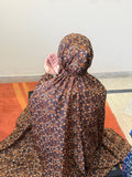 Dark brown floral namaz chaadar for women by Aynn Alif Pakistan with elastic sleeves, elastic headband, wudu-friendly design, breathable fabric, and full coverage prayer wear.