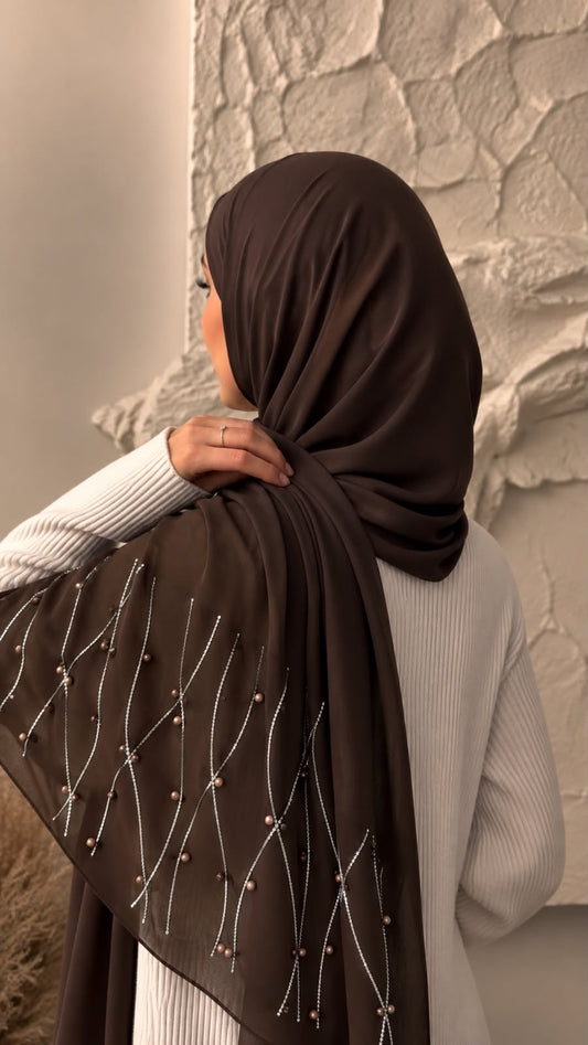 Dark brown chiffon georgette hijab with elegant stone and pearl embellishments