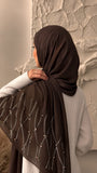 Dark brown chiffon georgette hijab with elegant stone and pearl embellishments
