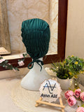 Dark Green ruched tie back hijab cap made from soft breathable jersey with full head coverage and adjustable tie-back by Aynn Alif.