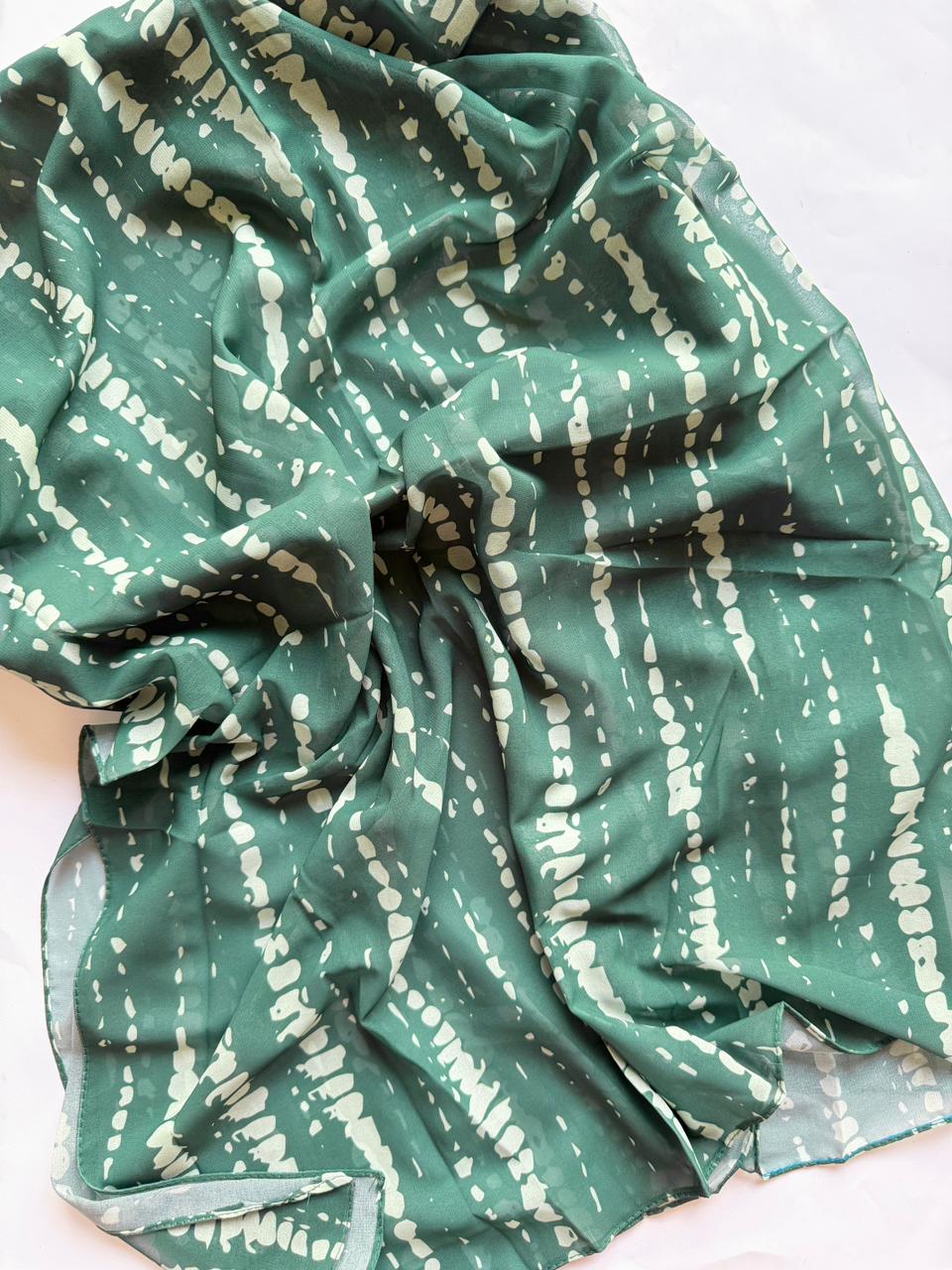 Dark green chiffon georgette hijab with mint tie dye pattern soft texture