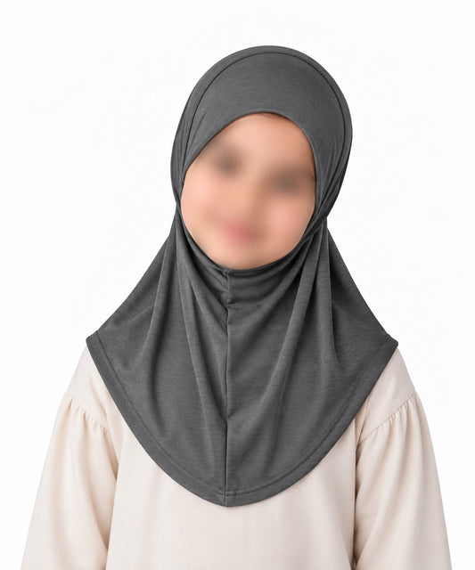 Dark grey kids jersey hijab scarf for girls age 5-9 years in Pakistan with breathable jersey fabric and modest coverage.